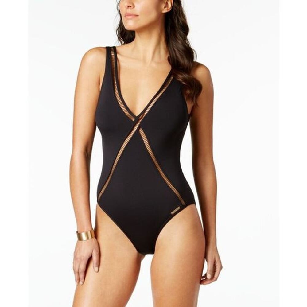 NEW MICHAEL KORS BLACK ILLUSION LATTICE V-NECK ONE PIECE SWIMSUIT SIZE 6